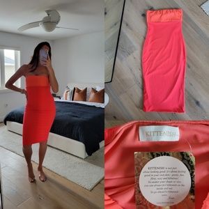 NWT Kittenish Strapless neon coral peach bodycon dress size small aritzia